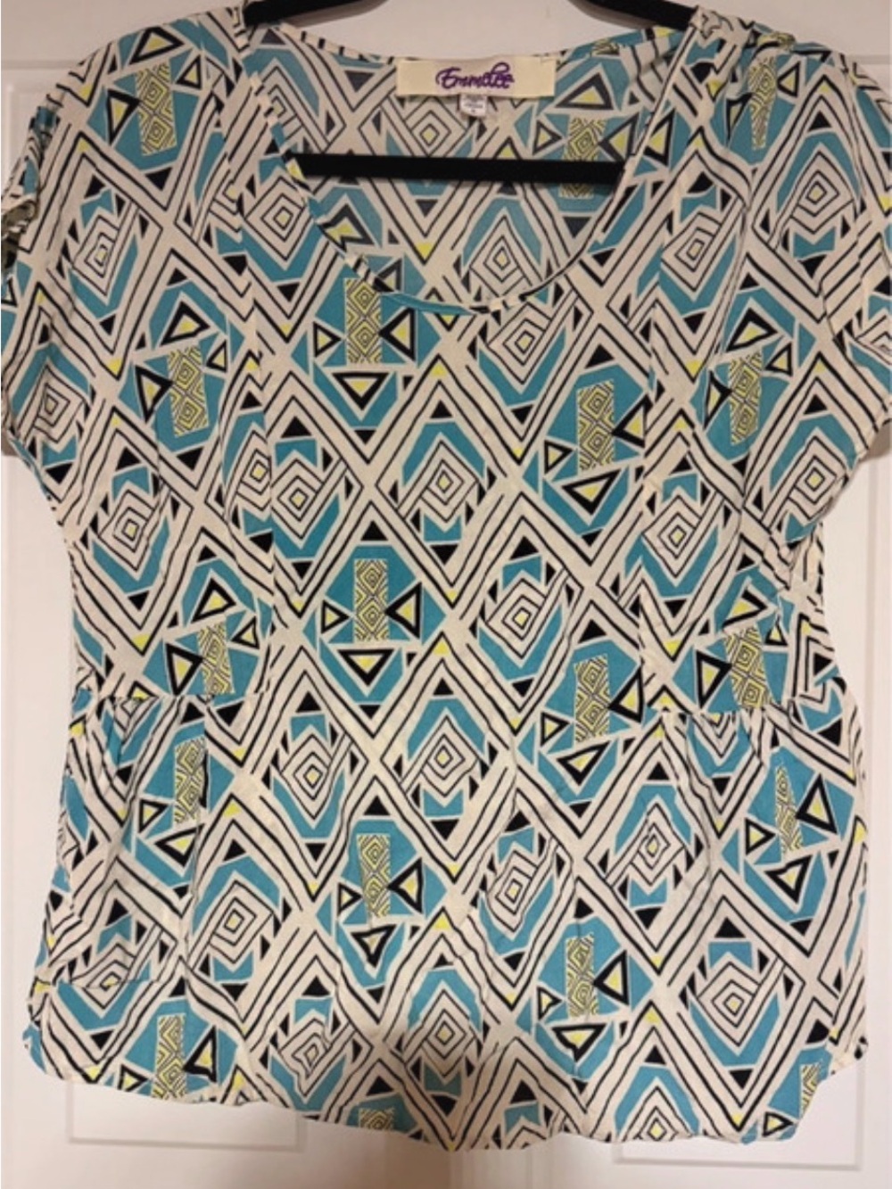 Emmelee for F.C. Blue, White & Yellow Geometric Short Sleeve Top